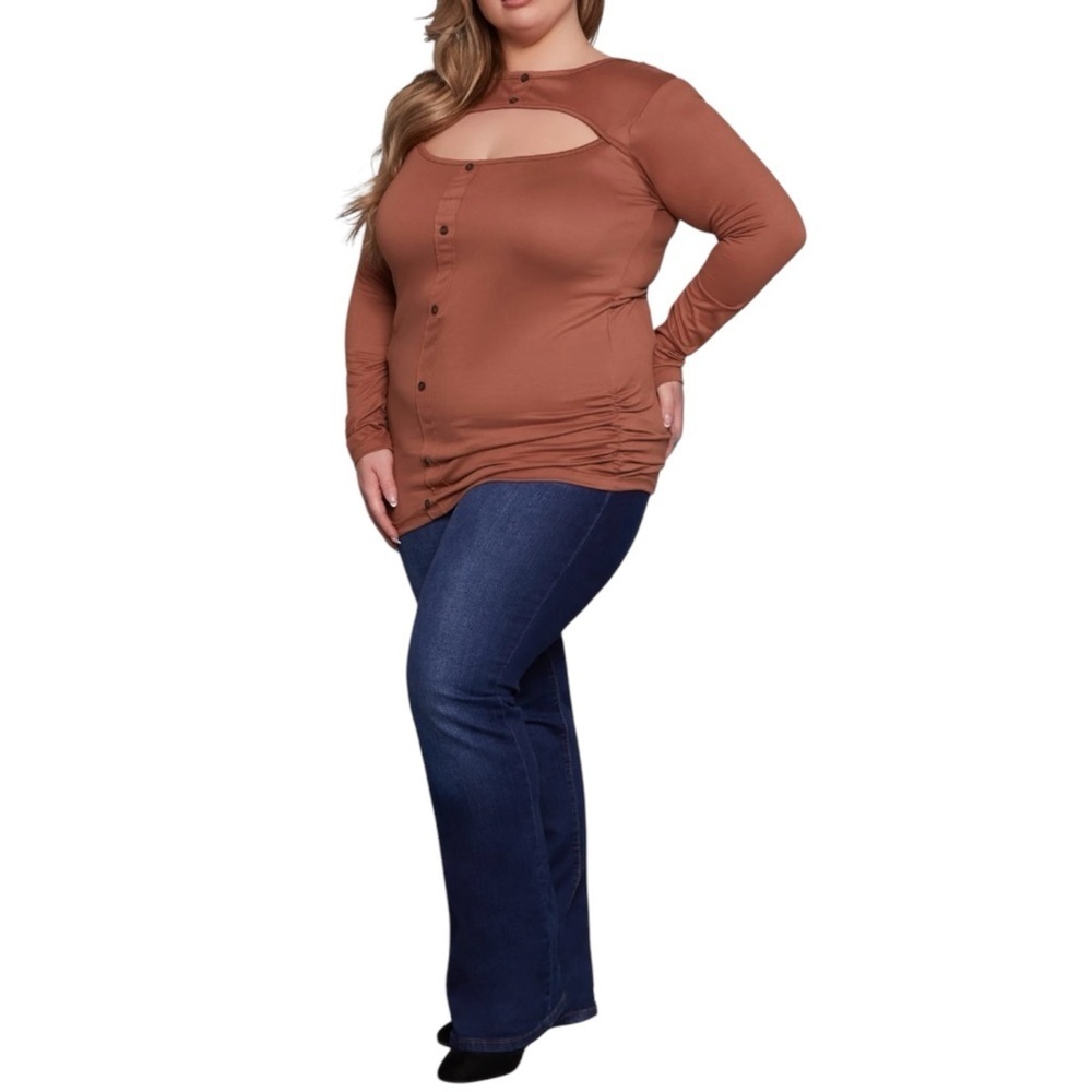 Plus Size, Brown Button Down Shirt with Cut-Out Neckline, Size 4X - Picture 2 of 5